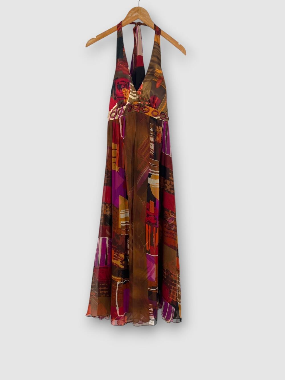 Y2k Vintage Silk Signature by Robbie Bee Brown Abstract Print Halter Maxi Dress